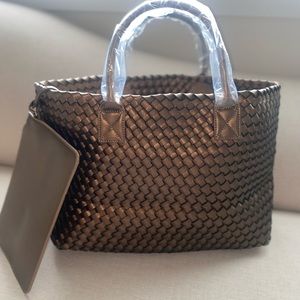 WOVEN LARGE TOTE BAG VEGAN LEATHER-BROWN